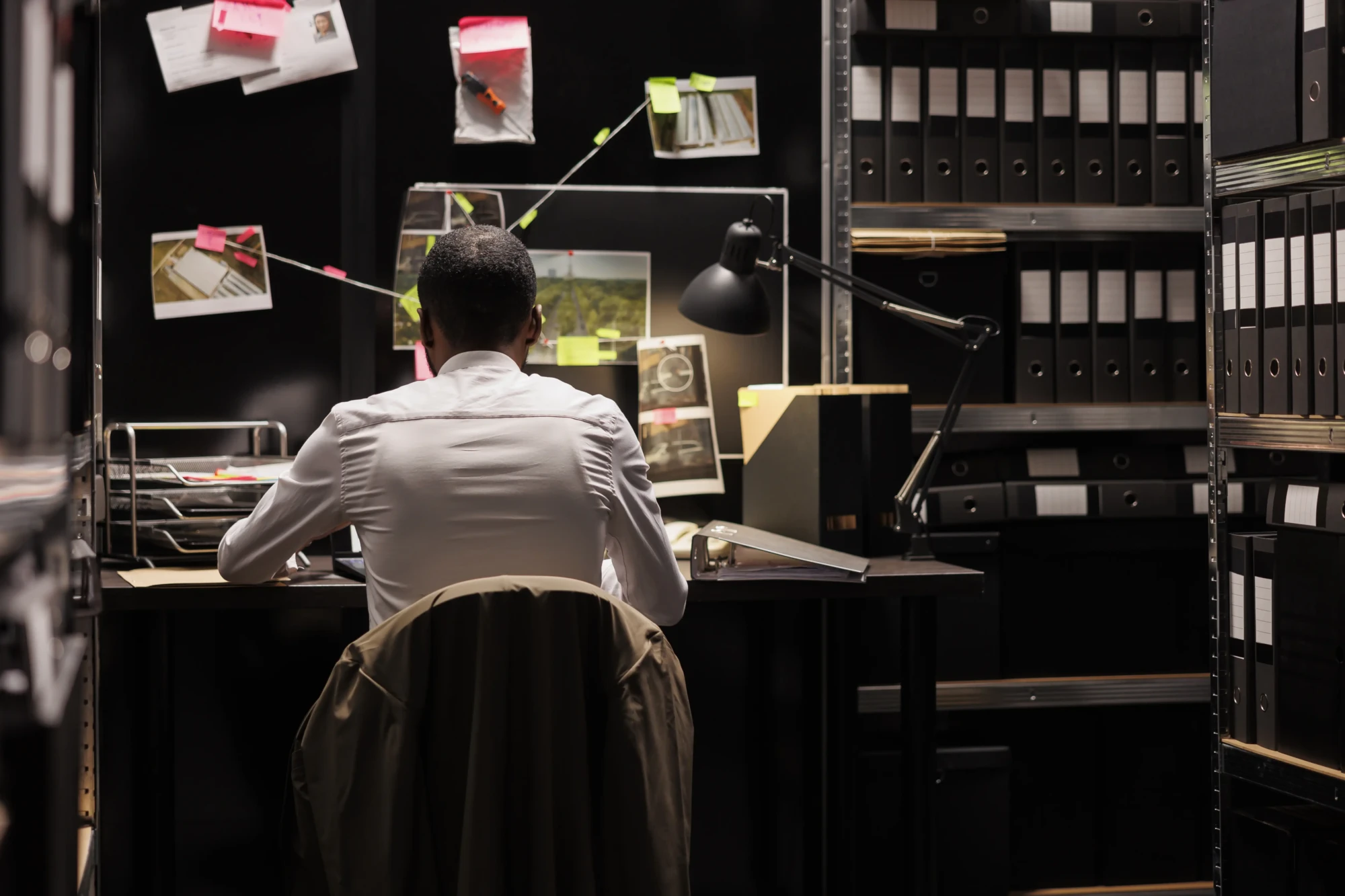detective-sitting-desk-analyzing-evidence-scheme-hanging-wall-police-law-enforcement-professional-solving-crime-studying-clues-crime-scene-photos-board-night-time